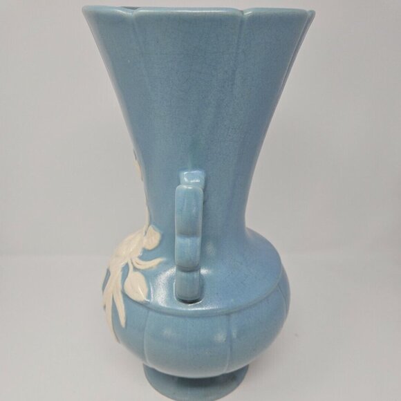 Vintage 1940s Weller Art Pottery Blue White Cameo Flower Vase Large 13" Tall - Picture 2 of 7